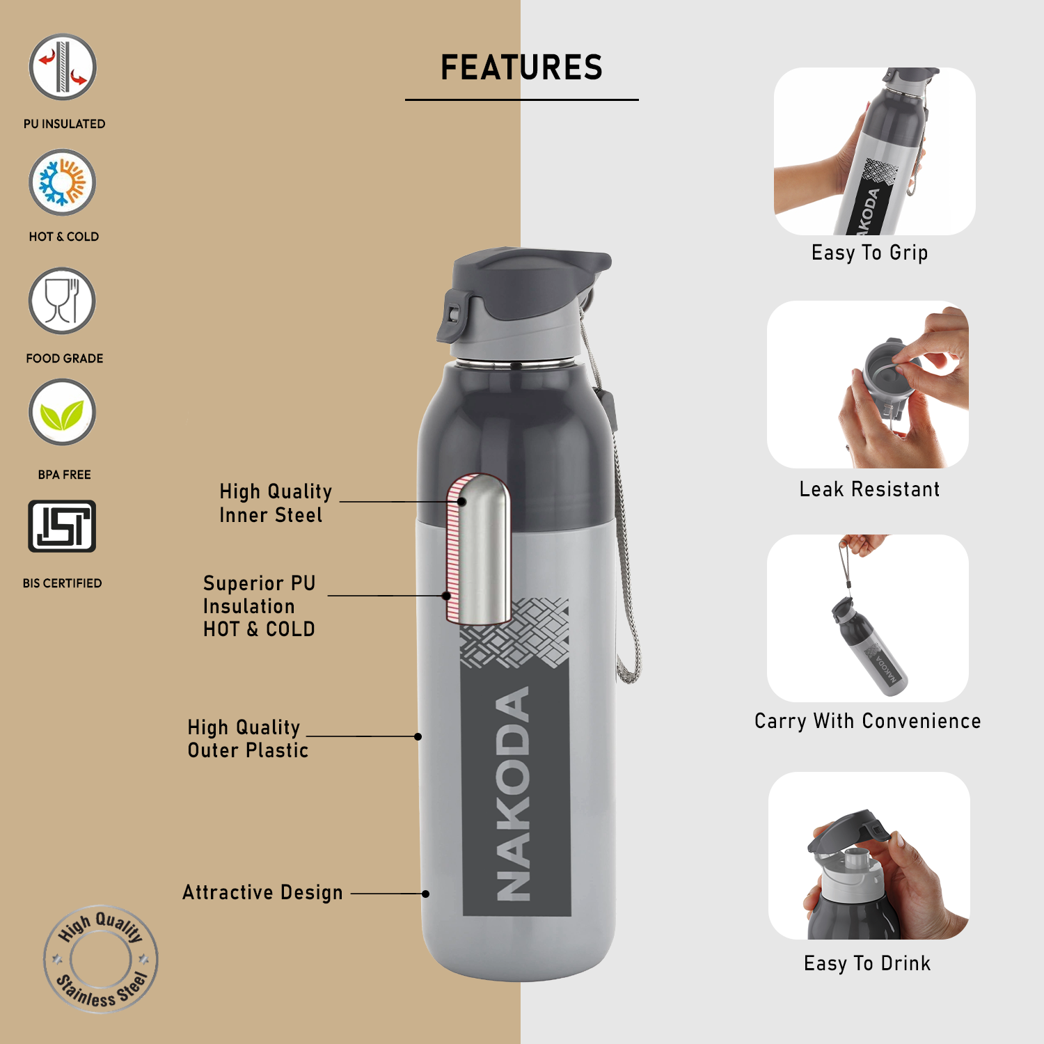 Nakoda Monark 600 Insulated Water Bottle, 540ml