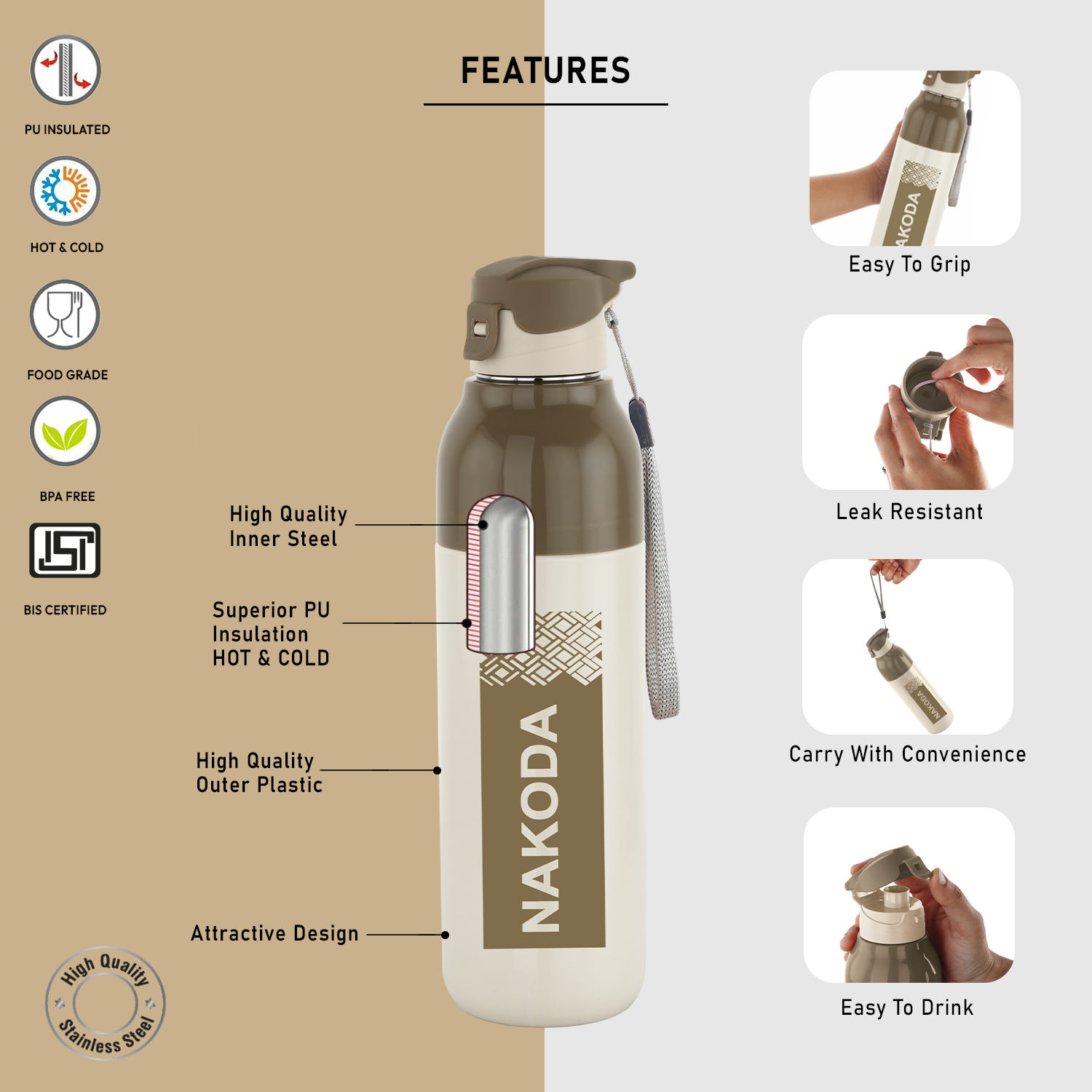 Nakoda Monark 600 Insulated Water Bottle, 540ml