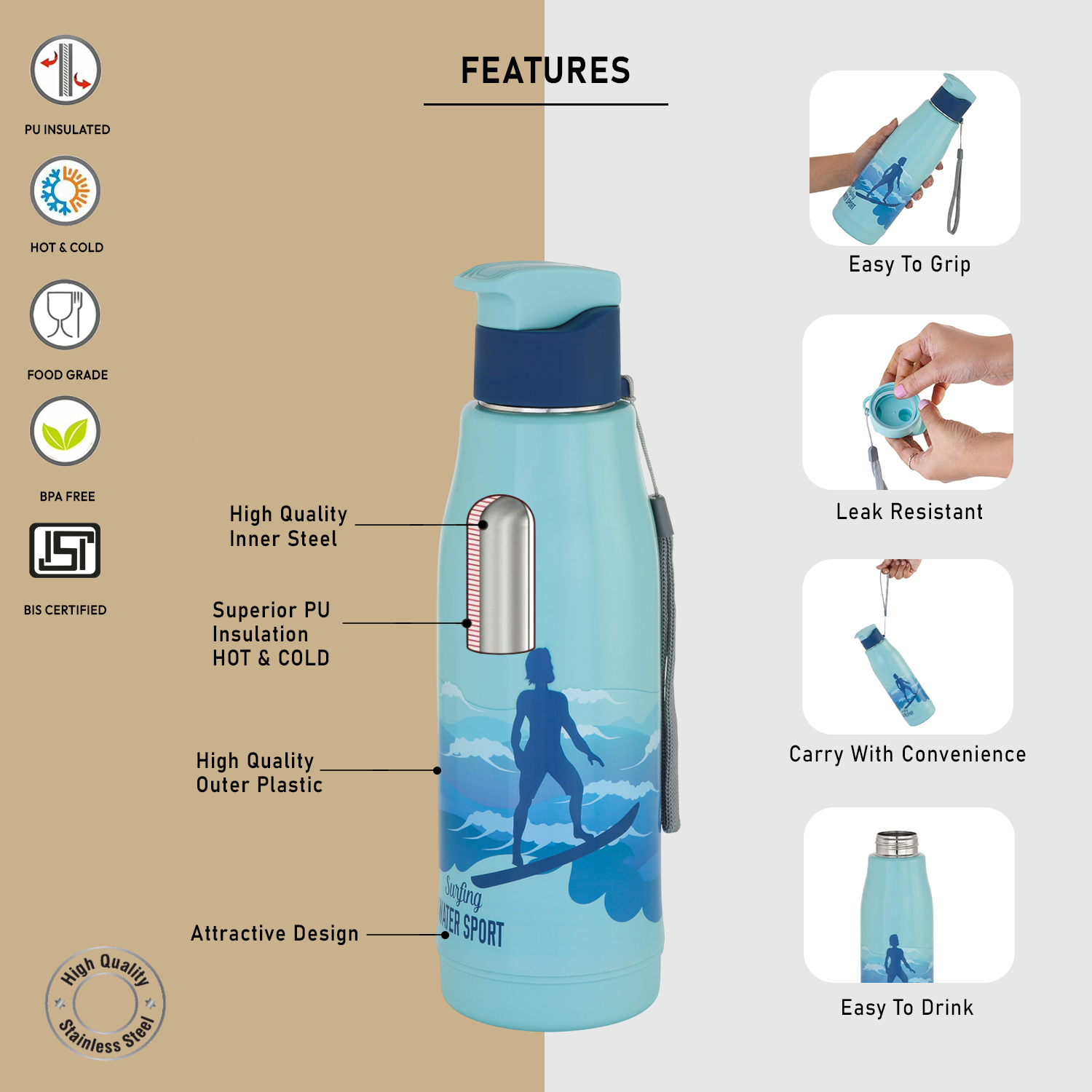 Nakoda Force 900 Insulated Water Bottle, 630ml