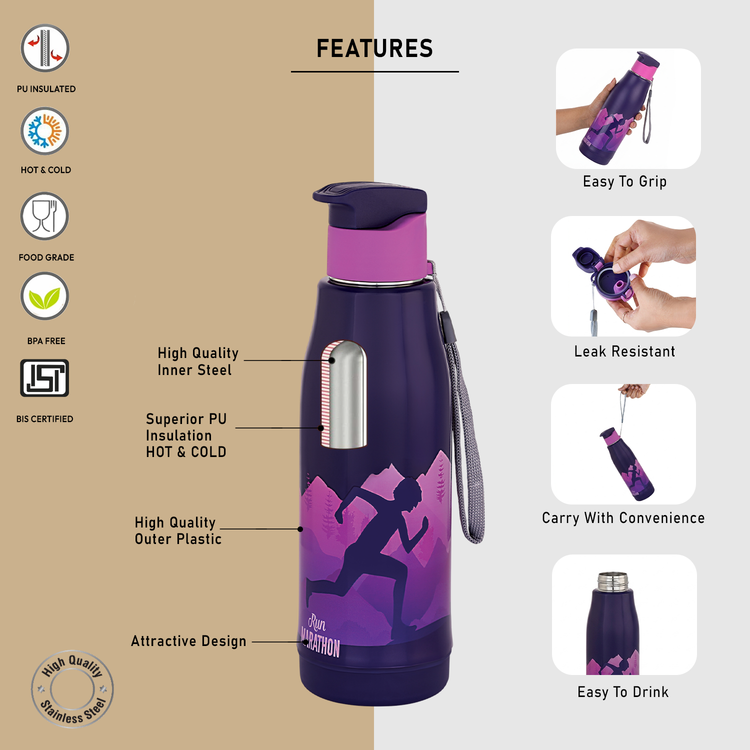 Nakoda Force 900 Insulated Water Bottle, 630ml