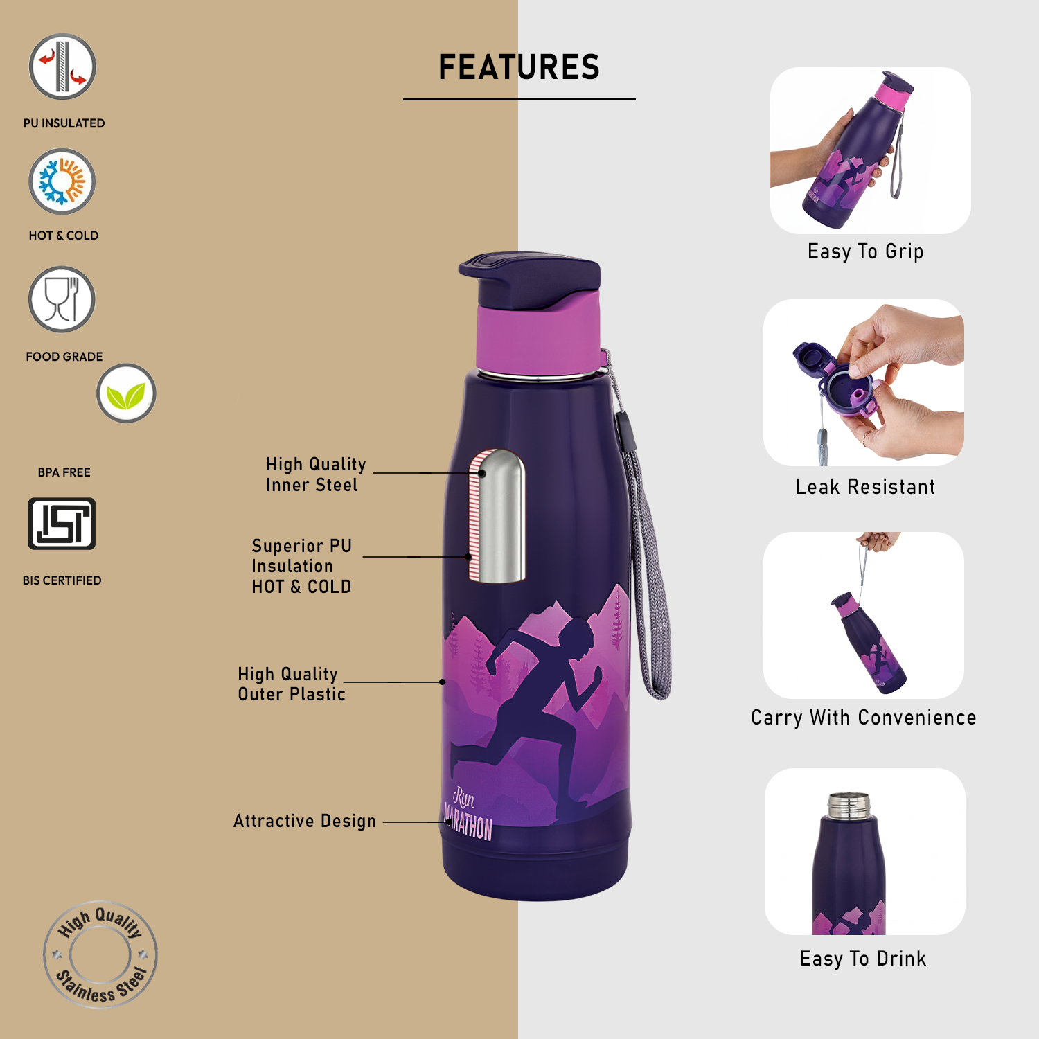 Nakoda Force 600 Insulated Water Bottle, 500ml