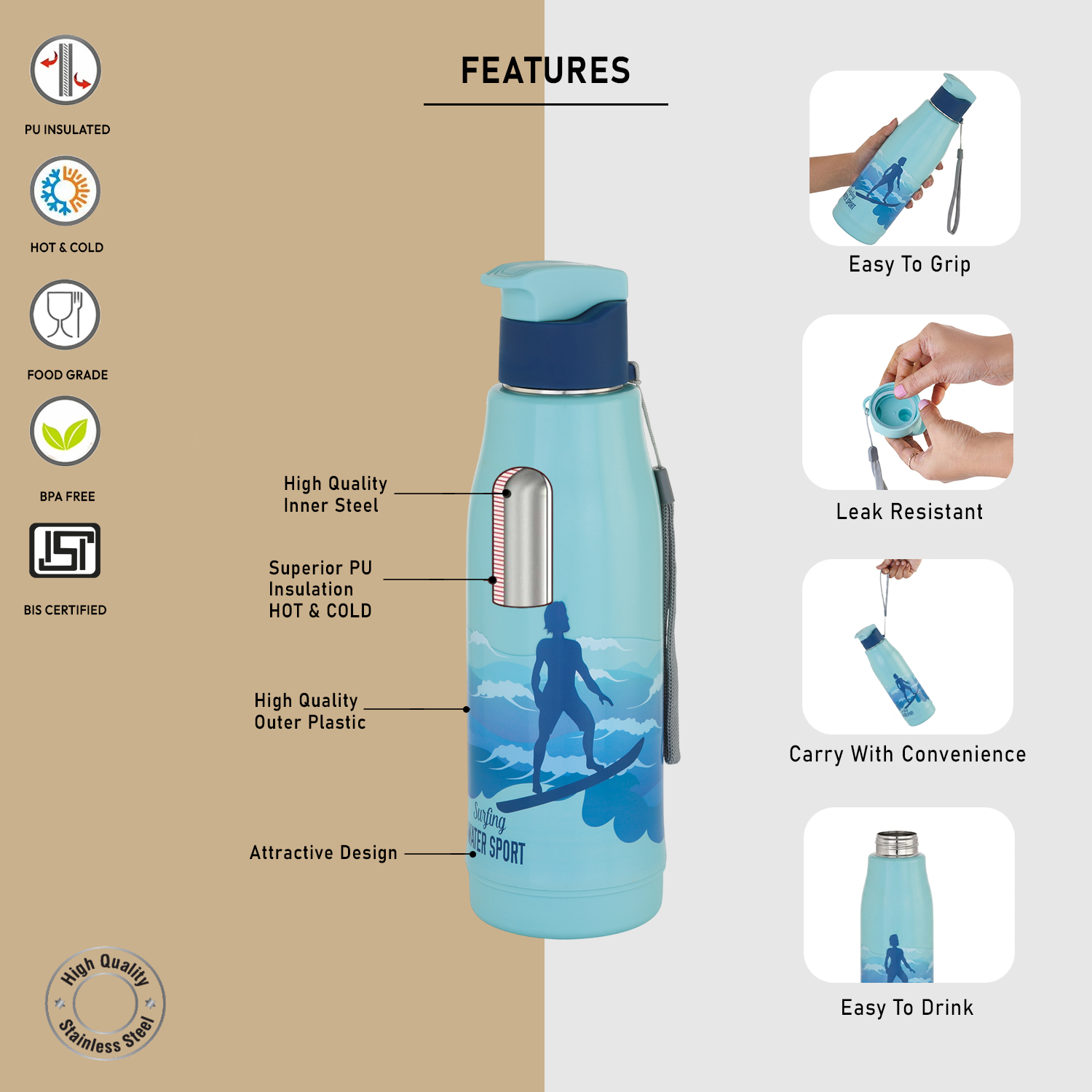 Nakoda Force 600 Insulated Water Bottle, 500ml