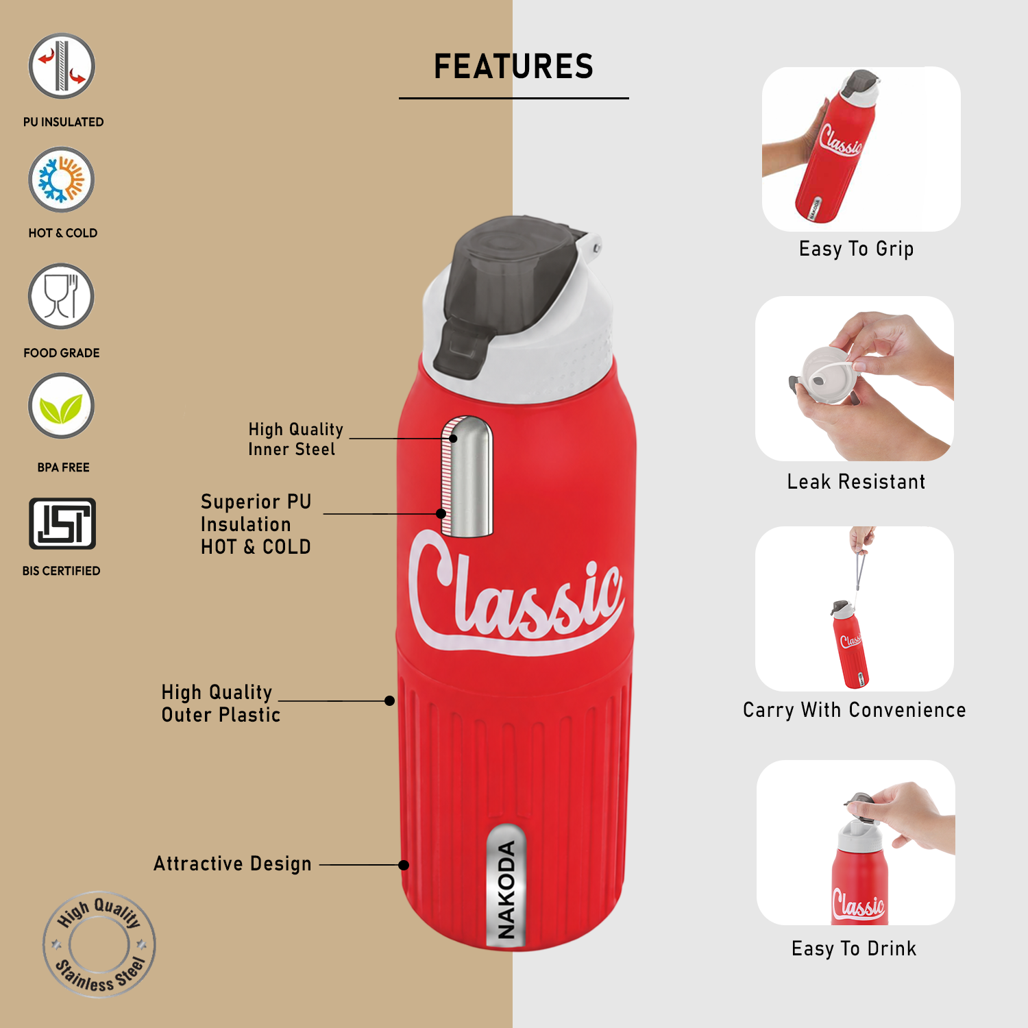 Nakoda Classic 600 Insulated Water Bottle, 540ml