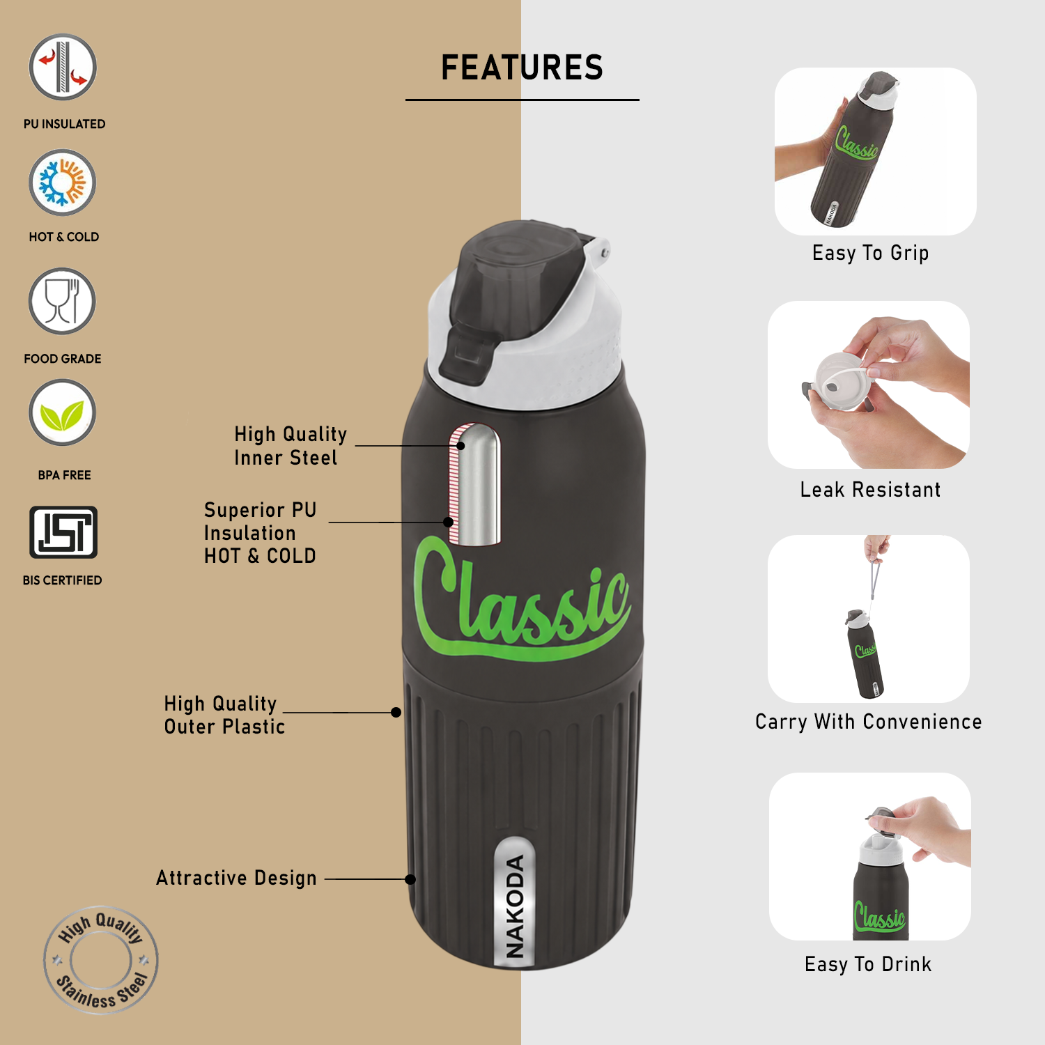 Nakoda Classic 600 Insulated Water Bottle, 540ml