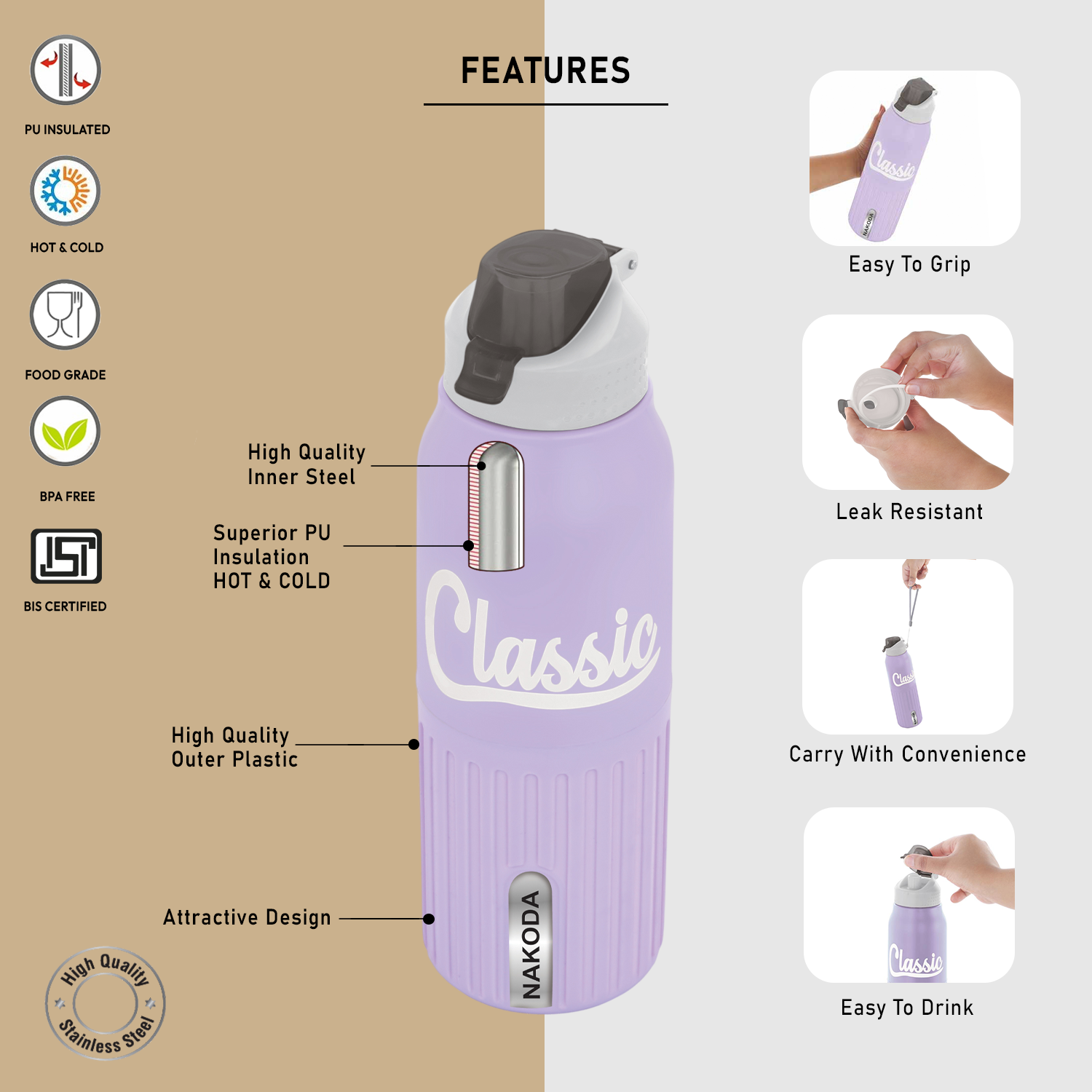 Nakoda Classic 600 Insulated Water Bottle, 540ml
