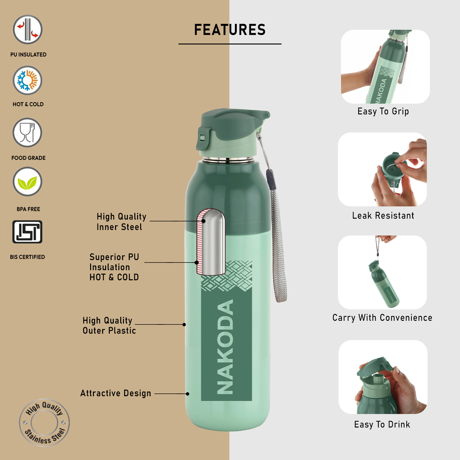 Nakoda Monark 600 Insulated Water Bottle, 540ml