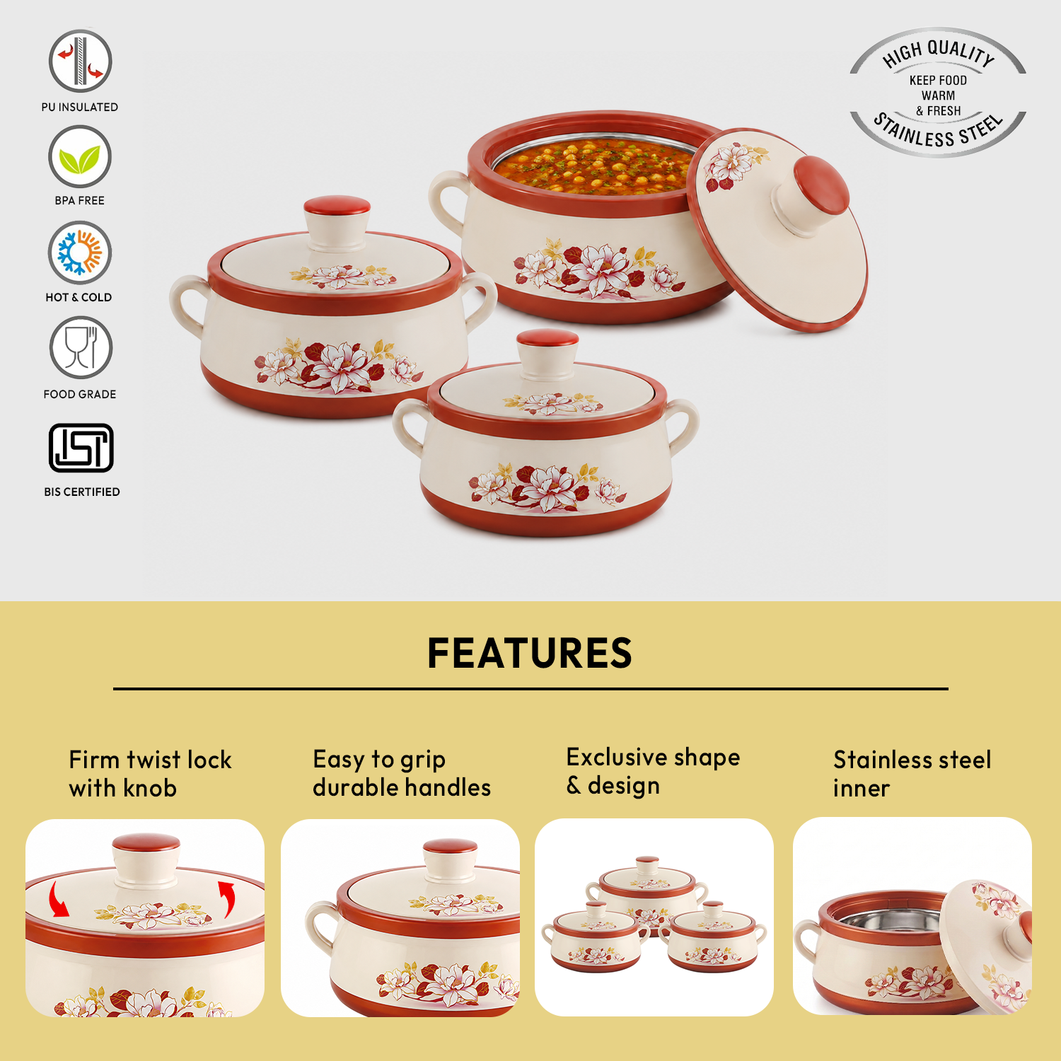 Nakoda AMBER SET PLAIN - 1000/1500/2000 | Insulated Casserole Set